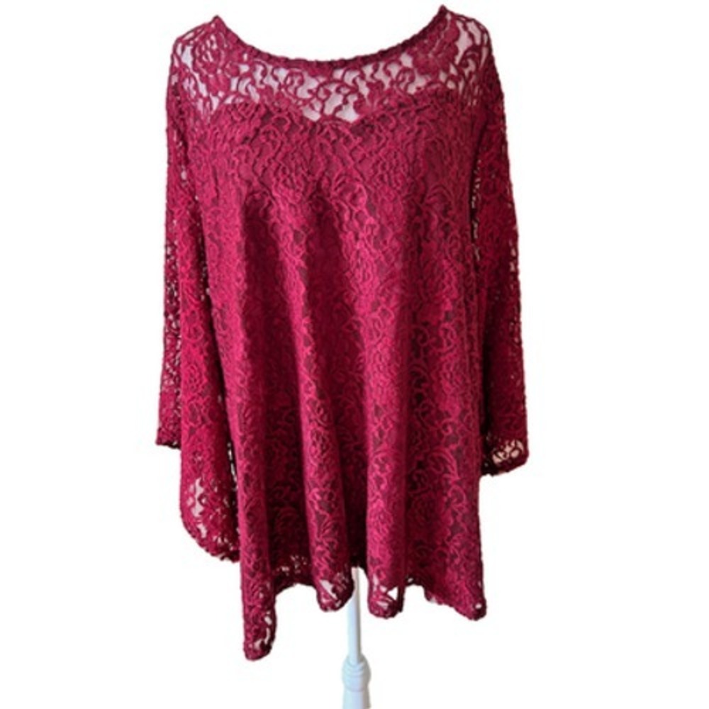 Vintage Red Lace Tunic Top Sweetheart Neck Bell Sleeve Whimsigoth Stretch Sz 3X